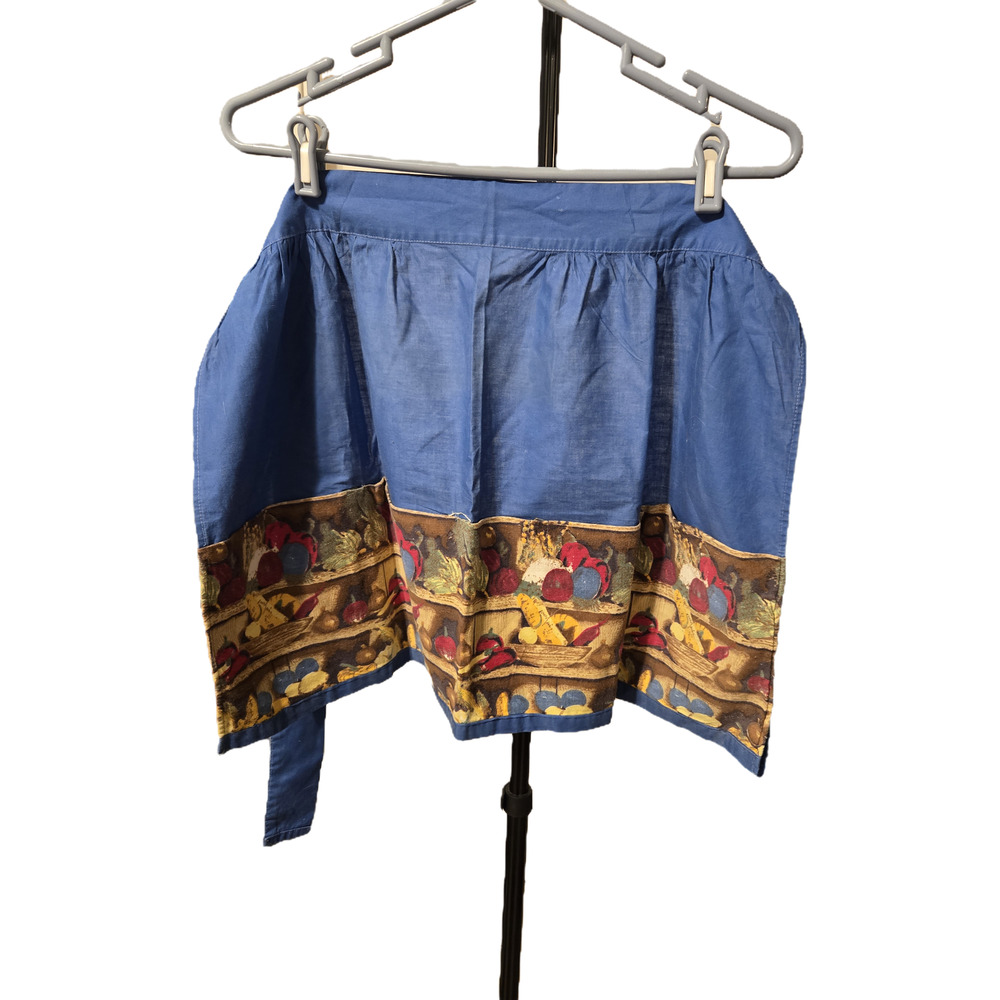 Vintage Blue Cotton Half Apron Fruit Shelf Novelty Print Retro Kitchen
